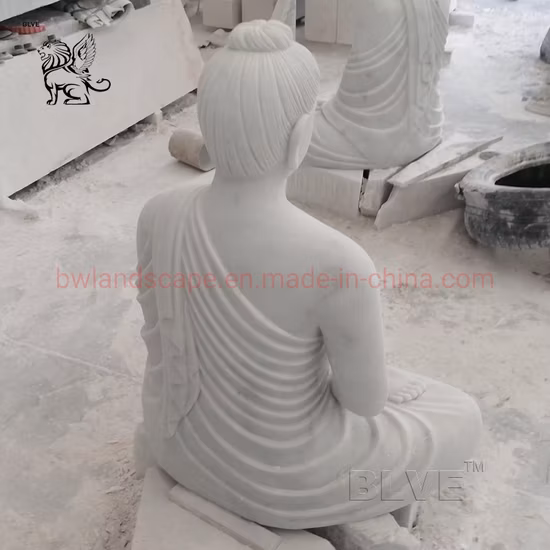 モダンな庭園寺院の装飾手彫りの大きな石の仏像磨かれた白大理石の瞑想仏の彫刻