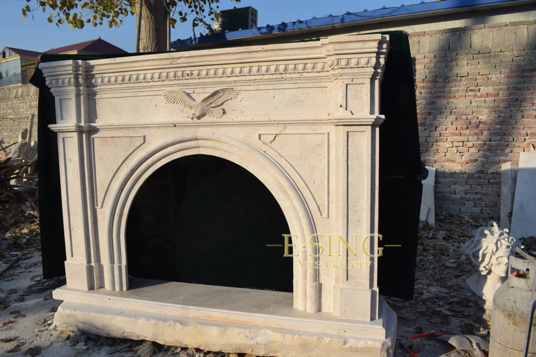 New Design Travertine Natural Stone Eagle Fireplace Frame Marble Arch Fireplace for Home