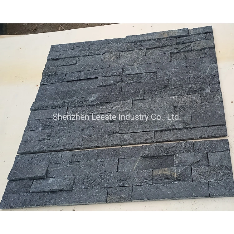 China Natural Veneer Black Quartzite Stacked Exterior Culture Stone Wall Cladding Panel