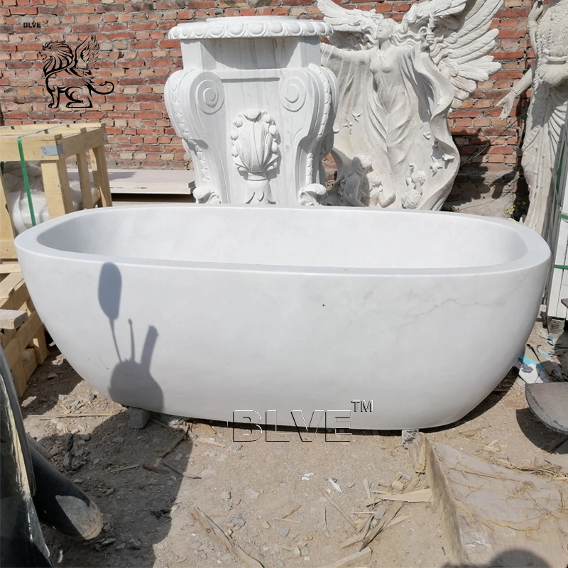 Blve Handcarved Freestanding Solid Stone Bathroom Bath Tub White Marble Bathtub