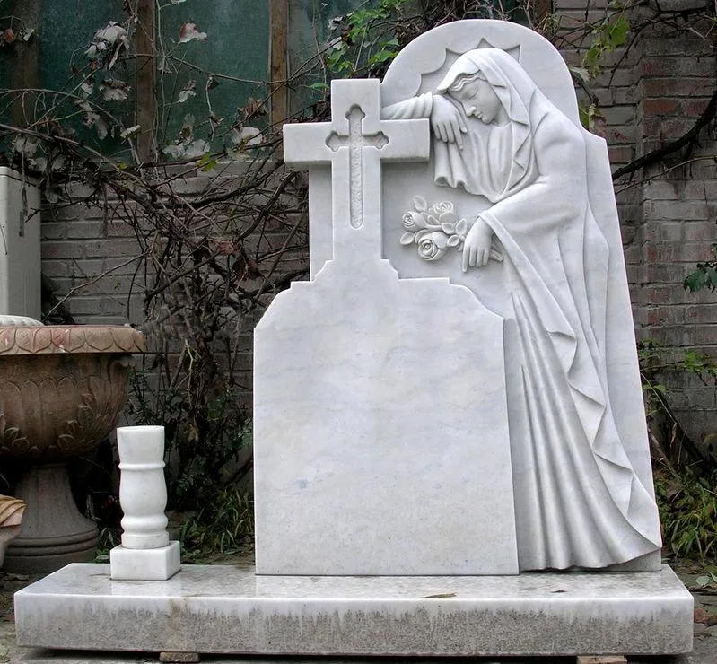 Religious White Marble Tombstone with Cross and Nun Relief