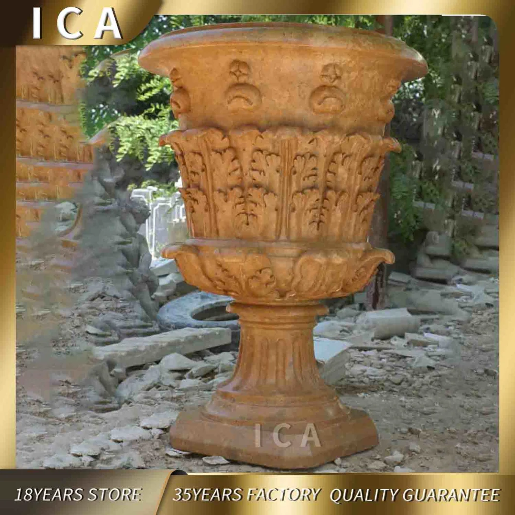 Hand Carved Outdoor Natural Yellow Marble Flowerpot