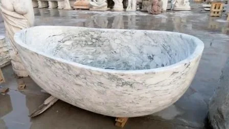 Blve 手彫り固体石自立型浴槽、白い大理石の浴槽